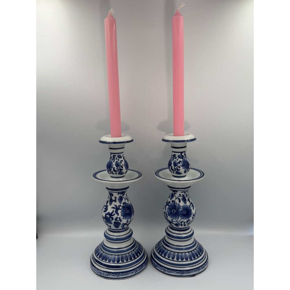 Vintage De Chang Blue/White Porcelain Candlesticks Pair 11" Chinoiserie